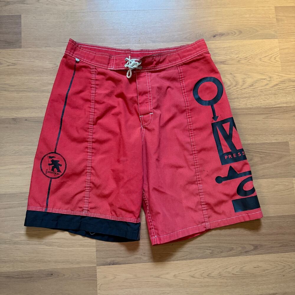 Men's Vintage 80's Gotcha Red Black Board Shorts Surfing Swim Trunks Sz 30 VTG